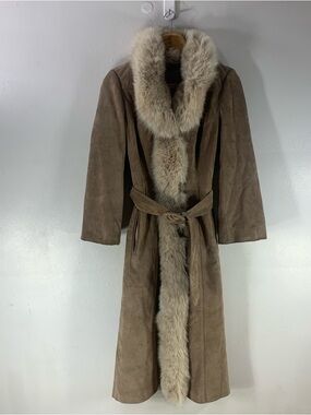 Vintage 70s long full length suede leather coat with large real fox fur Collar